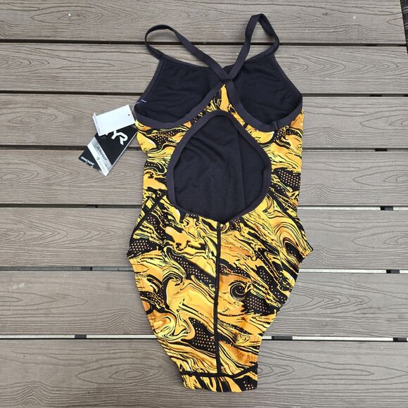 TYR Women's Durafast Oil Slick Diamondfit 1 Piece Swimsuit Yellow Sz 28 New - Picture 2 of 3